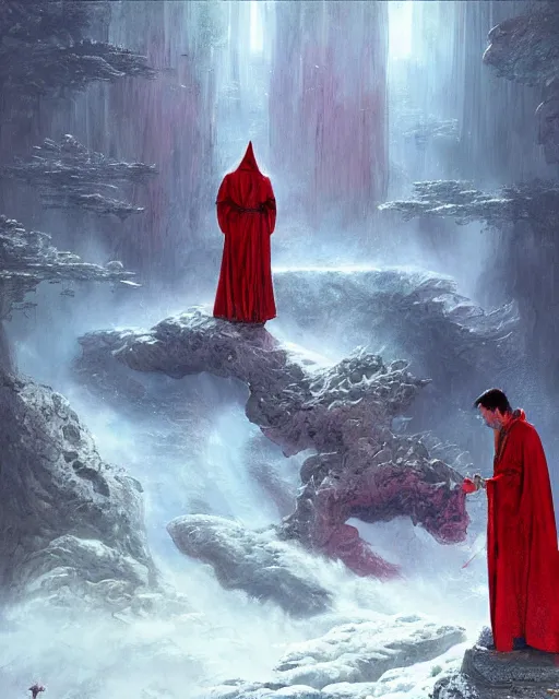 Prompt: a fantasy painting with a wizard in red robes in the foreground of a surreal environment by greg rutkowski and michael whelan