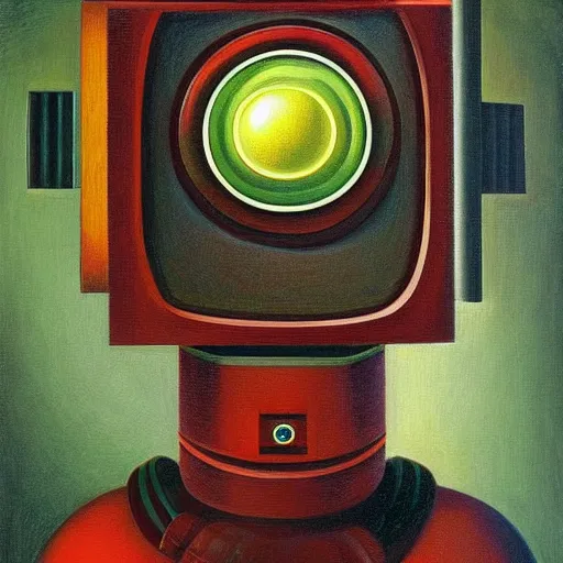 Image similar to super - intelligent robot with kind eyes portrait, pj crook, ( ( ( grant wood ) ) ), pj crook, ( ( ( edward hopper ) ) ), oil on canvas