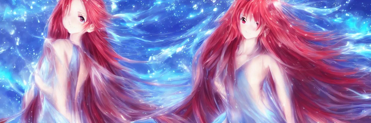 Image similar to advanced digital anime art, a very cute gorgeous teenage girl with a body made of fire and ice , full body, very long snow colored hair, sky blue highlights in hair, red fiery watery eyes, wearing a dress made of water, full round face, dramatic cinematic lighting, wideshot, highly intricately detailed, trending on pixiv, Artstation, painted by Rossdraws, in the style of Sakimimichan