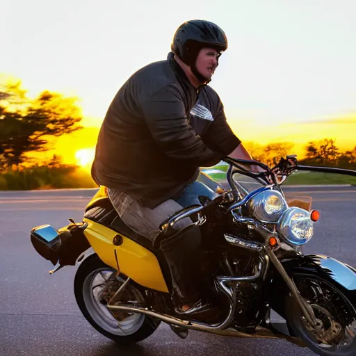 Prompt: steve harvery riding a motocycle during a sunset