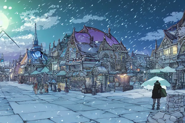 Image similar to cell shaded anime key visual of a fantasy city in the tundra, snowy, in the style of studio ghibli, moebius, makoto shinkai, dramatic lighting