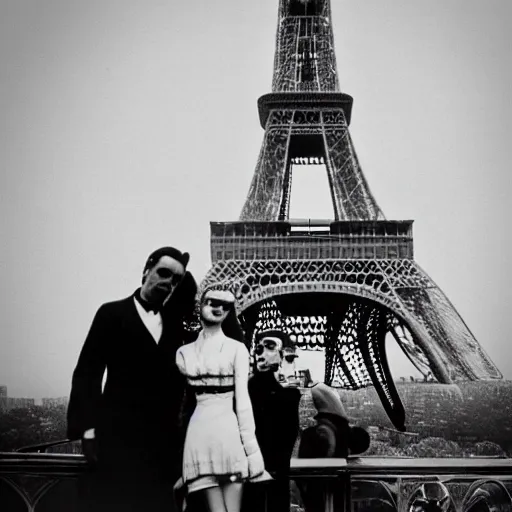 Image similar to vampires in the eiffel tower, lens blur, vintage photograph