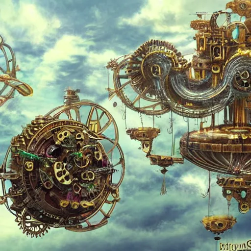 Image similar to flying city in a mechanical flower, flying city, detailed, sky, fantasy art, steampunk, masterpiece