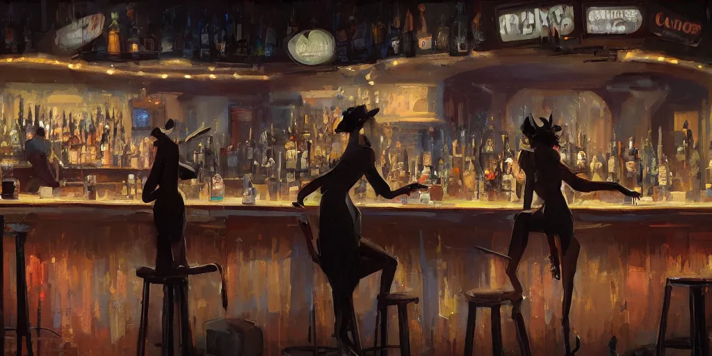 Prompt: a biped female rat is working at the bar of a 4 0 s jazz club, warm color palette, night time, dramatic lighting, noir film, character sheet, fine details, high contrast, blacksad, kim jung gi, greg rutkowski, trending on artstation, 8 k, front view, back view, ultra wide angle