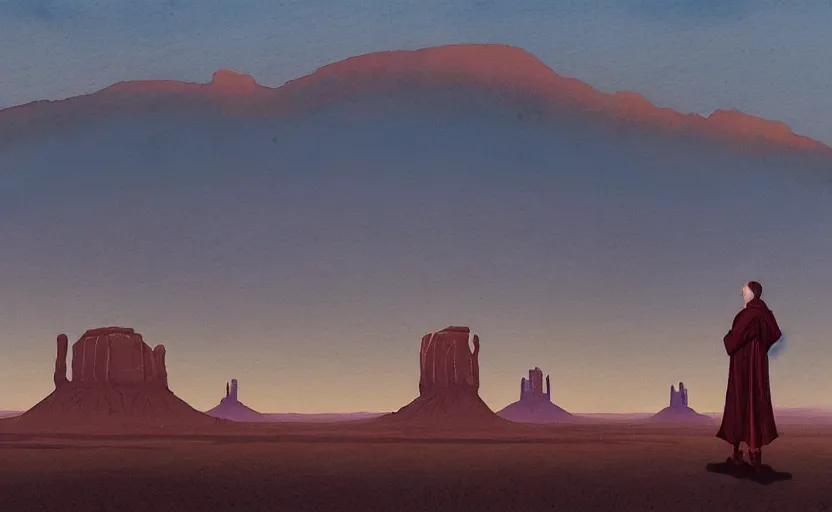 Prompt: a hyperrealist watercolor concept art of a sci - fi futurist buildings on the horizon of monument valley. a medieval monk in grey robes is in the foreground. golden hour. very muted colors, by rebecca guay, michael kaluta, charles vess. high detail, hq, wide shot, 4 k