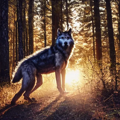 Image similar to werecreature consisting of a wolf and a human, golden hour, photograph captured in a forest