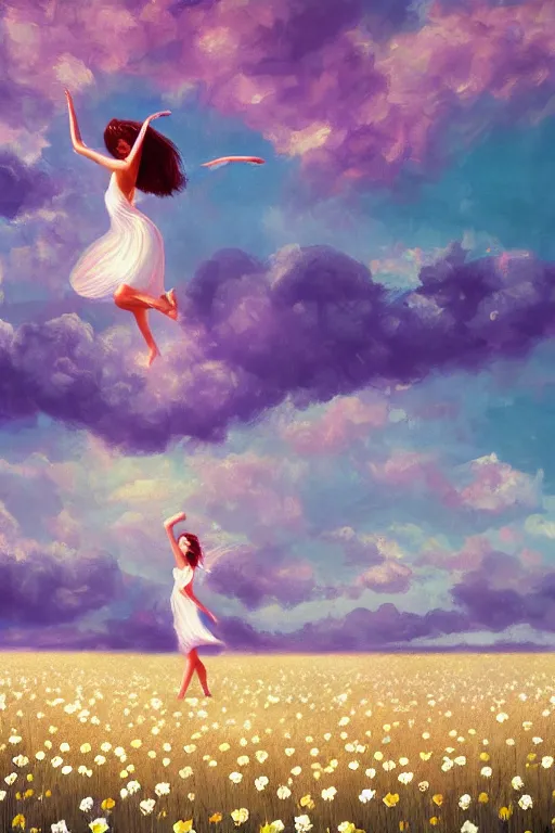 Image similar to giant white daisy flower over head, girl dancing in a flower field, surreal photography, sunrise, dramatic light, impressionist painting, colorful clouds, digital painting, artstation, simon stalenhag