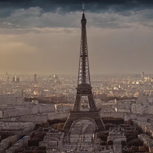 Prompt: a post apocalyptic view of france where the eiffel tower has broken down into pieces, 8 k, photorealistic