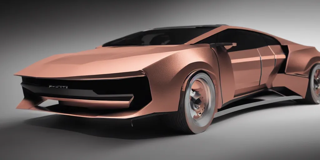 Prompt: a design of a futuristic DMC Delorian, designed by Polestar, blade runner background, front and back view, rose copper car paint with white line accent detailing, black windows, sportscar, dark show room, dramatic lighting, hyper realistic render, depth of field