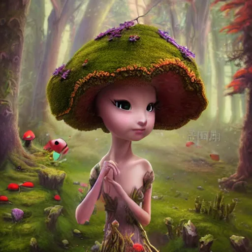 Prompt: An epic fantasy comic book style portrait painting of an extremely cute and adorable very beautiful mushroom dryad, character design by Mark Ryden and Pixar and Hayao Miyazaki, unreal 5, DAZ, hyperrealistic, octane render, cosplay, RPG portrait, dynamic lighting, intricate detail, harvest fall vibrancy, cinematic