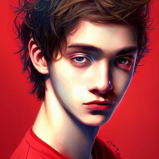 Image similar to colorful and festive captivating teenager with straight brown hair covering his eye, dark skin, big lips, big eyes, wearing a red t - shirt. rich vivid colors, ambient lighting, dynamic lighting, 4 k, atmospheric lighting, painted, intricate, highly detailed by charlie bowater