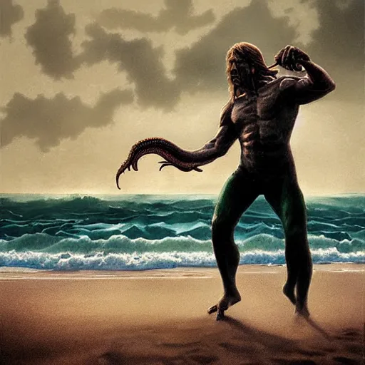 Prompt: UHD photorealistic Cthulhu fighting Cosmic Chuck Norris on the beach, in the style of tonalism by Greg Rutkowski