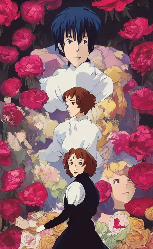 Prompt: bestselling movie poster, official media,a cinematic beautiful closeup moment of saying goodbye. peonies howls moving castle, simple form, brutal shapes, shaman, pixiv, 1970s fashion, official anime media, cinematic lighting, artwork by doja cat, charlie bowater, Joaquin Sorolla, john william, waterhouse, ,greg rutkowski, wong kar wai