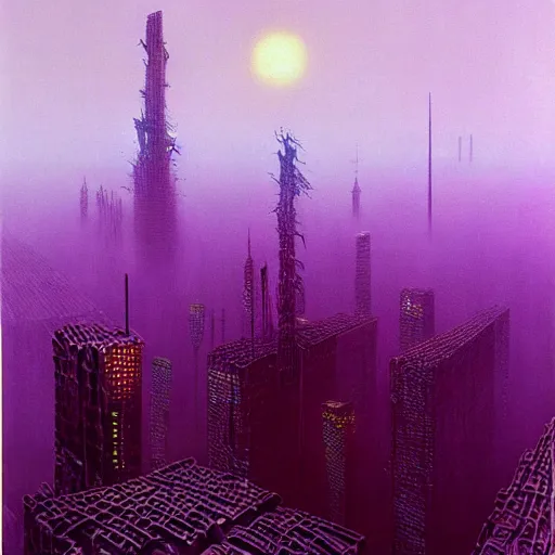 Prompt: perfect Cyberpunk city engulfed in a purple mist. Tsutomu Nihei, Zdzisław Beksiński, Art station.