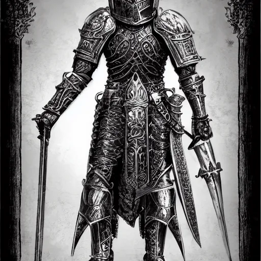 Image similar to gothic knight, intricate etched armor, standing astride a gate, artstation, in the style of Lucia Hsiang, clean