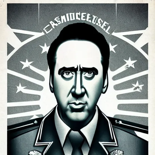 Prompt: nic cage as a poster for a fascist dictatorship, stylized propaganda poster,