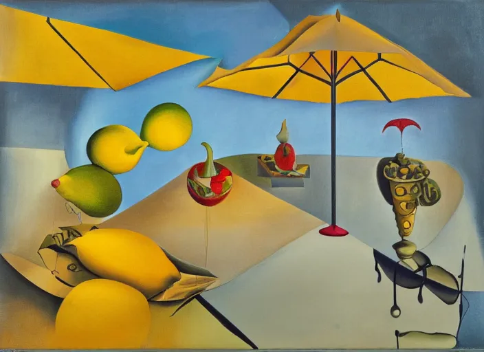 Prompt: abstract composition with lemons and umbrellas, oil on canvas, in the style of salvador dali,