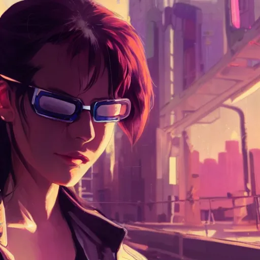 Image similar to a film still of a cyberpunk girl with a smirk, finely detailed features, aviators, closeup at the faces, dramatic cinematic, at cyberpunk city, gapmoe yandere grimdark, trending on pixiv fanbox, painted by greg rutkowski makoto shinkai takashi takeuchi craig mullins, alphonse mucha, studio ghibli, pixiv