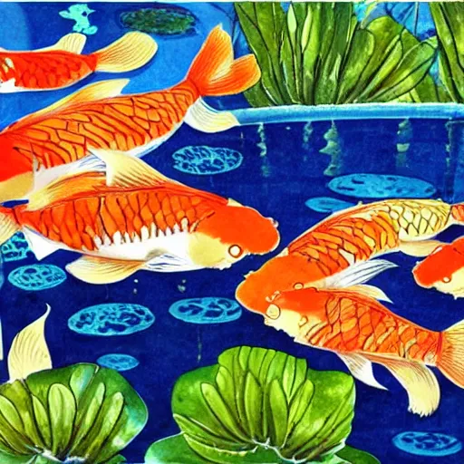 Image similar to some koi carp, swimming in a pool, ink, acrylics, collage, style of lily greenwood
