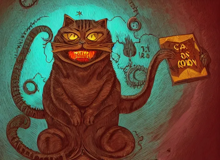 Prompt: cat with an evil smile as it reads the Necronomicon, digital art, high contrast, lovecraftian, 4k