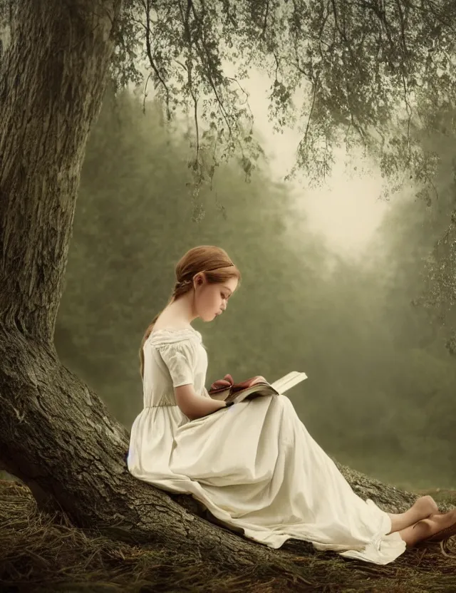 Prompt: beautiful peasant Girl in long white dress reading a book sitting on a tree in a foggy forest, Cinematic focus, Polaroid photo, vintage, neutral colors, soft lights, by Steve Hanks, by Serov Valentin, by lisa yuskavage, by Andrei Tarkovsky 8k render, detailed, oil on canvas