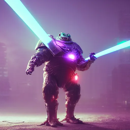 Image similar to a photo of a huge wide toad in a futuristic armor with glowing katana sword, cyberpunk, hyper realistic, hyper detailed, volumetric lightning, grainy film, octane render, 8k, raytracing