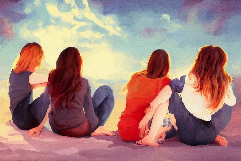 Prompt: beautiful painting of friends, beautiful faces, sitting on the edge, cute, soft light, digital painting by casson a. j.