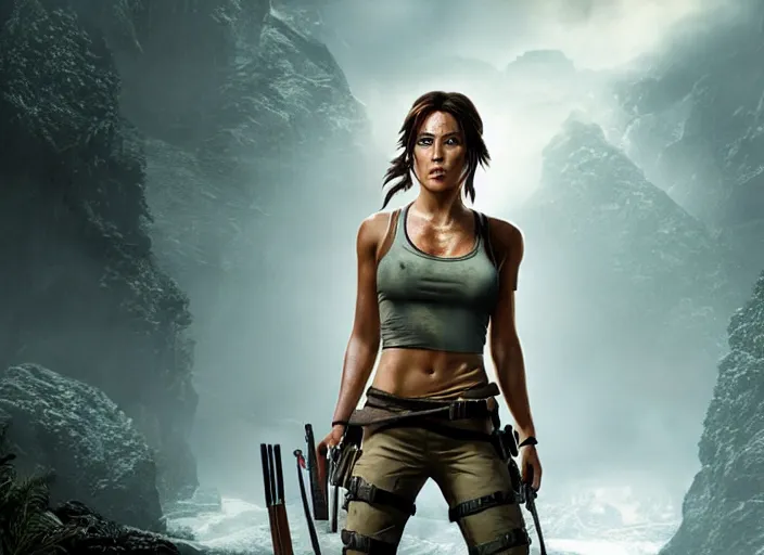 Image similar to film still of!!!! chloe bennett!!! as lara croft in new tomb raider movie, 8 k