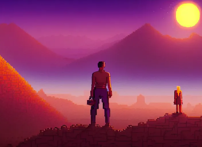 Image similar to detailed pixel art, science fiction pc game point - and - click adventure, daedalic entertainment, desert with city in the skyline, two suns, purple orange colors, sharp focus, illustration, highly detailed, digital painting, concept art, matte, art by wlop and artgerm and greg rutkowski, masterpiece