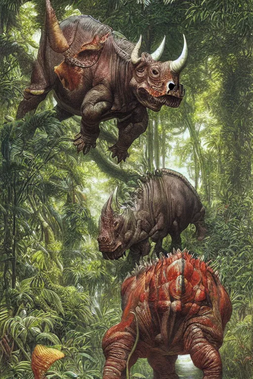 Image similar to ! dream a triceratops charging toward the viewer in a lush tropical jungle, fluid, smooth, bright, colours, high contrast, sharpness, very detailed, intricate, by donato giancola, gustave dore and junji ito