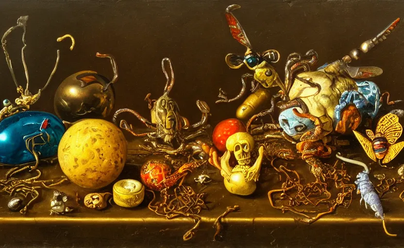 Prompt: disturbing colorful oil painting dutch golden age vanitas still life with bizarre objects strange gooey surfaces shiny metal bizarre insects rachel ruysch dali todd schorr very detailed perfect composition rule of thirds masterpiece canon 5 0 mm, cinematic lighting, photography, retro, film, kodachrome