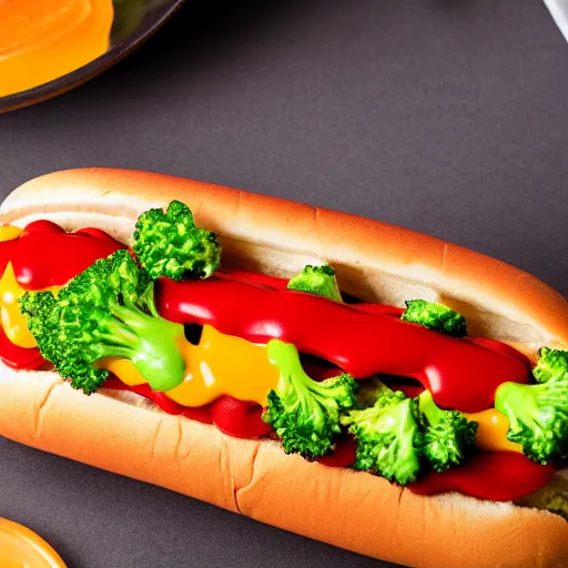 Image similar to promotional photo of a delicious hot dog with broccoli, ketchup and mustard, detailed, uhd, 8k,