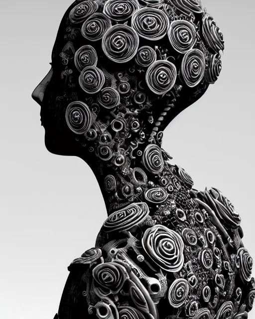 Image similar to mythical dreamy black and white organic bio-mechanical spinal ribbed profile face portrait detail of translucent steampunk beautiful female angelic-human-queen-vegetal-cyborg, highly detailed, intricate trnaslucent ivy jelly ornate, poetic, translucent roses ornate, 3D render, digital art, octane render, 8K artistic photography, photo-realistic, by Dora Maar