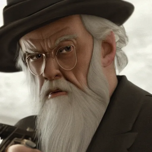 Image similar to Albus Dumbeldore in the mafia using guns photorealistic, 4k