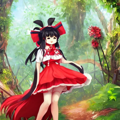 Image similar to a pixiv fantasia of reimu in the jungle wearing bonnet
