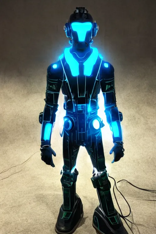 Prompt: tron themed fallout power armor, realistic product photo