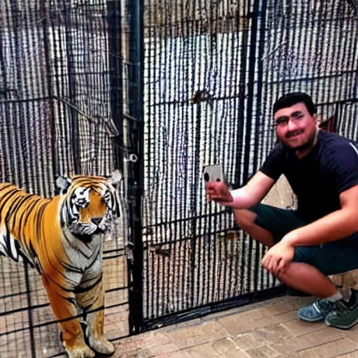 Prompt: man taking selfie in front of tiger in his cage