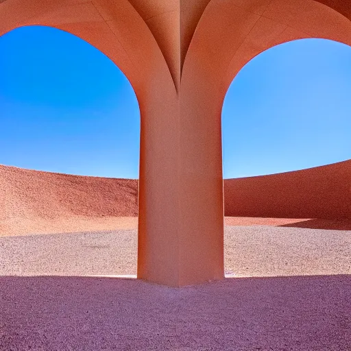 Image similar to a photo taken from inside circular Non-Euclidean clay building sitting in the desert, vintage photo, beautiful cinematography, blue sky, film grain, symmetrical, James Turrell