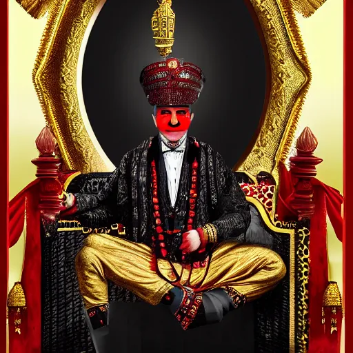Prompt: the king of india sitting on a throne wearing a black suit and a red fez, detailed masculine face with red lips, black eyes and large forehead, moody atmosphere, digital art, highly detailed, high contrast, beautiful lighting, award winning, trending on art station, photorealistic, 8 k,