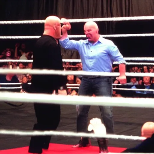 Image similar to Joe Biden dressed as Stone Cold Steve Austin in the wrestling ring, crowd cheering