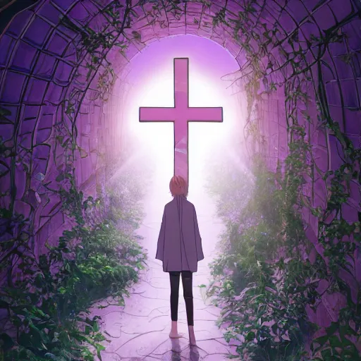 Prompt: a christian cross as the light is shining at the end of the tunnel, paradise outside of the tunnel, with pale purple and pale pink lighting, cute, aesthetic, anime, dark tunnel, with a few vines and overgrowth, studio ghibli, cinematic, painting, high definition, digital art, symmetrical, very detailed, extremely high detail, photo realistic, concept art, unreal engine 5,