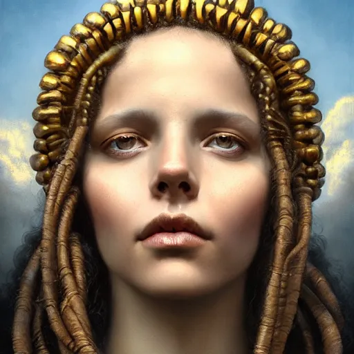 Prompt: breathtaking soft painting of medusa in a golden sky, realistic symmetrical face features, rembrandt style, elegant, highly detailed, artstation, concept art, matte, sharp focus, art by tom bagshaw, and greg rutkowski
