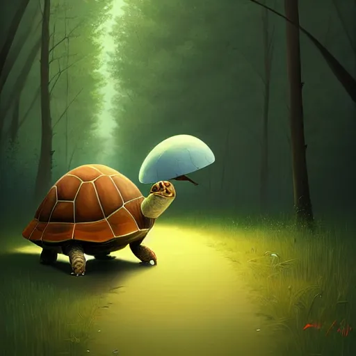 Prompt: Goro Fujita a portrait tortoise walking through the forest, painting by Goro Fujita, ArtStation