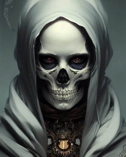 Prompt: Portrait of skeleton mage in hood, dark fantasy, intricate, elegant, highly detailed, digital painting, artstation, concept art, smooth, sharp focus, illustration, art by artgerm and greg rutkowski and alphonse mucha