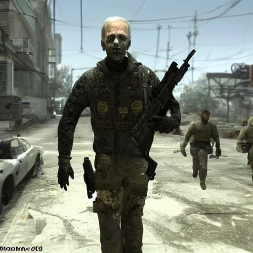 Image similar to in - game footage of joe biden as a zombie in call of duty : modern warfare 3