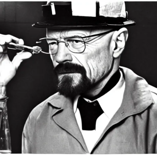 Prompt: walter white heisenberg cooking meth as a nazi scientist military uniform black and white photo