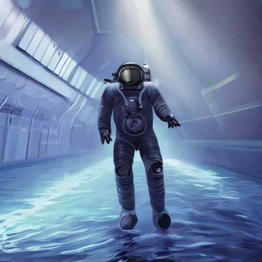 Image similar to concept art by david cronenberg in the dark underwater diver astronaut underwater futuristic dark and empty spaceship. complex technical suit design. reflection material. rays and dispersion of light breaking through the deep water. trend artstation, 3 5 mm, f / 3 2