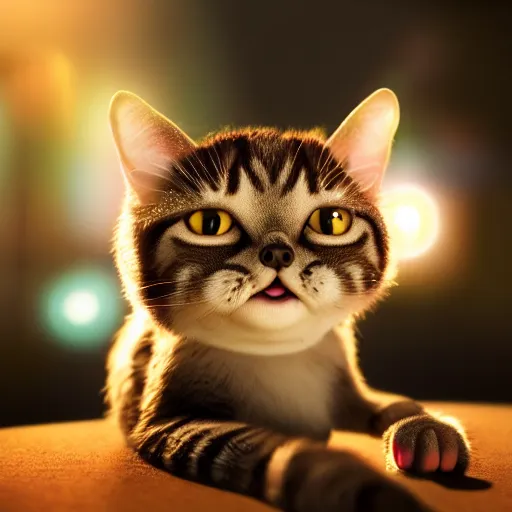 Image similar to lil bub the cat, splash art, movie still, cinematic lighting, dramatic, octane render, long lens, shallow depth of field, bokeh, anamorphic lens flare, 8 k, hyper detailed, 3 5 mm film grain