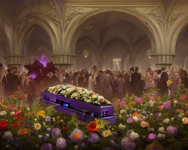 Image similar to a funeral with coffin, flowers and mourners in a coles supermarket, photography of kurzgesagt, deep focus, d & d, fantasy, intricate, elegant, highly detailed, digital painting, artstation, concept art, matte, sharp focus, illustration, hearthstone, art by artgerm and greg rutkowski and alphonse mucha