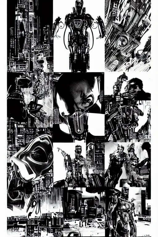 Image similar to ultron, a page from cyberpunk 2 0 2 0, style of paolo parente, style of mike jackson, adam smasher, johnny silverhand, 1 9 9 0 s comic book style, white background, ink drawing, black and white